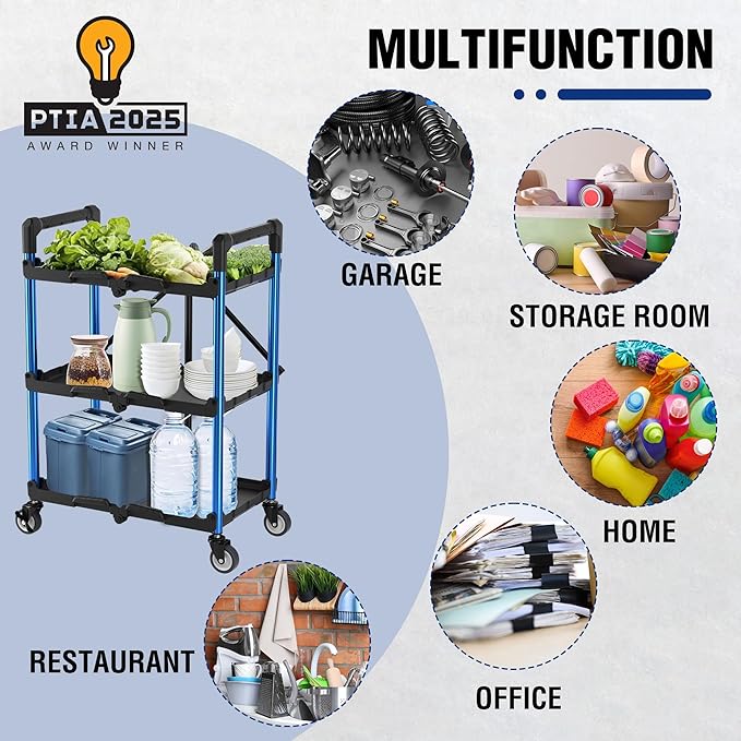 WORKPRO 3-Tier Collapsible Service Cart, 210 LBS Foldable Utility Service Cart with Wheels, Portable Tool Cart for Garage, Warehouse, Home, Restaurant, Office (No Assembly Required)