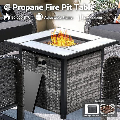 ovios 4 Pieces Patio Furniture Set with 30" Fire Pit Table, Outdoor Wicker Chairs of 4, All Weather High Back Rattan Chairs 4-Seater with Comfy Cushions, Black