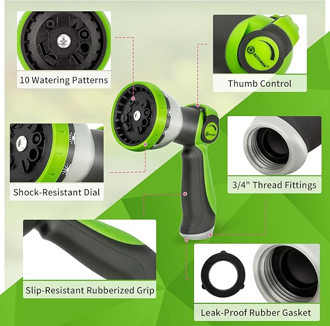 AUTOMAN Garden Hose Nozzle Sprayer - 10 Spray Patterns, Thumb Control On Off Valve, Durable Water Nozzle, Extra 4 Washers, for Watering Garden, Cleaning, Washing Car, Showering Pets Lawngreen