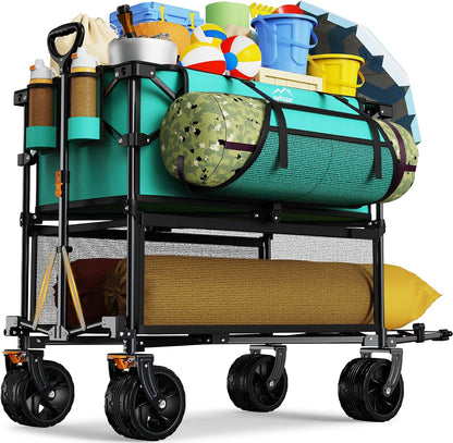 Foldable 50''L Extra Long Double Decker Wagon for Sport, 400L Collapsible Heavy Duty Wagon Cart with Big Wheels, Utility All-Terrain Large Extender Cart for Outdoors, Light Blue