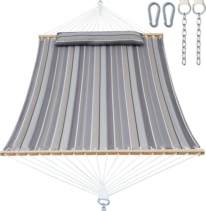 Double Quilted Fabric Tree Hammock with Spreader Bar, 14ft Hammocks 2 Person for Outside, Fits 12ft -14ft Hammock Stand, Pillow & Side Pockets & Carabiners, Max 475 lbs Capacity (Peace Dove)