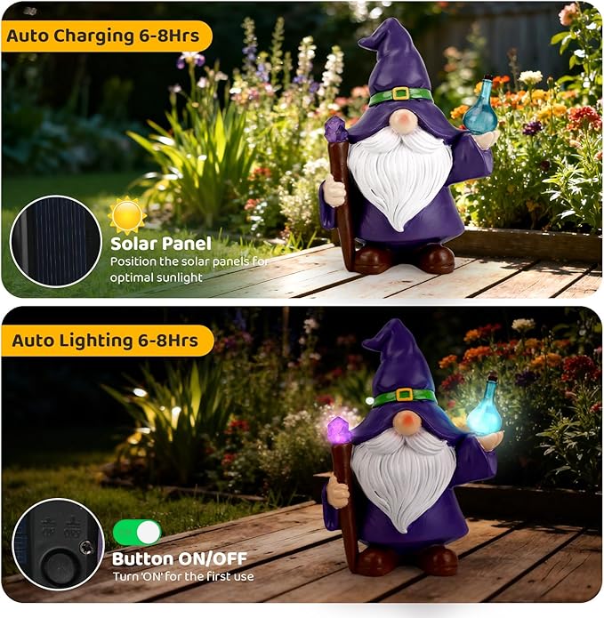 Solar Gnome Garden Decor Statue - Outdoor Gnome Statue Ornaments with Solar Lights for Outside, Patio, Yard, Lawn, Balcony - Housewarming Gift for Women, Men, Mom, Grandma