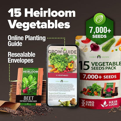 HOME GROWN Heirloom Vegetable Seeds - 15 Varieties, 7,000+ Non GMO Seeds for Planting, Complete Vegetable Garden Kit for Indoor & Outdoor Growing, Survival Seed Vault for Preppers