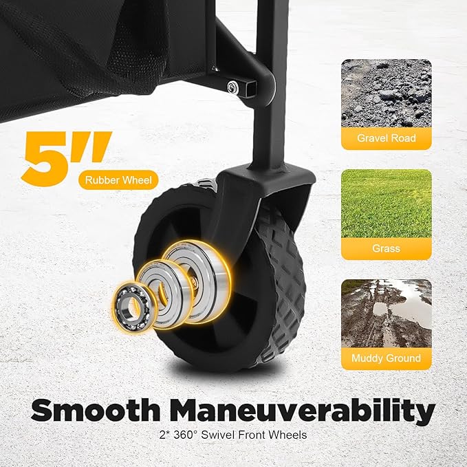 Collapsible Folding Wagon Garden Cart, 31" 176 LBS Capacity Beach Wagon with 5" Rubber Wheels, Adjustable Handle and 2 Cup Holders, Utility Wagons Carts for Grocery Camping Sports Shopping Garden