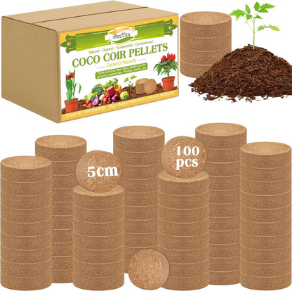 ZeeDix 100pcs 50mm Coco Coir Pellets, Compressed Coconut Coir Seed Starter Pellets Potting Soil Indoor Plants Soil Discs for Planting Flowers Bonsai Herbs Plants and Vegetables