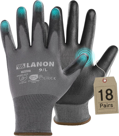 LANON 18 Pairs Safety Work Gloves, Mechanic Working Gloves for Men,Breathable PU Coated, Seamless Knit,Double Wash, Grey, Large