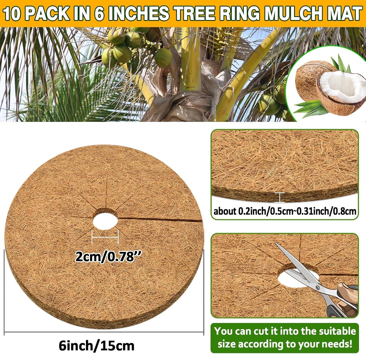 ZeeDix 10 Pack 6 Inch Coconut Fiber Mulch Ring, 100% Natural Coco Coir Tree Ring Mulch Mat Plant Protector Mat, Coconut Coir Discs Plant Pot Soil Cover for Indoor Outdoor Plants, Flower Pot Decoration
