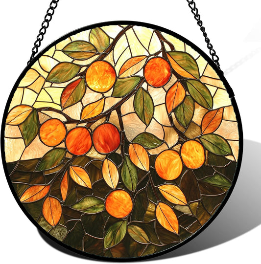 Stained Glass Suncatcher, Orange Green Fruit Tree Sun Catcher Landscape Stain Glass Window Hanging Decoration Mother's Day Birthday Gifts for Women Men Mom Nana 6.3 in