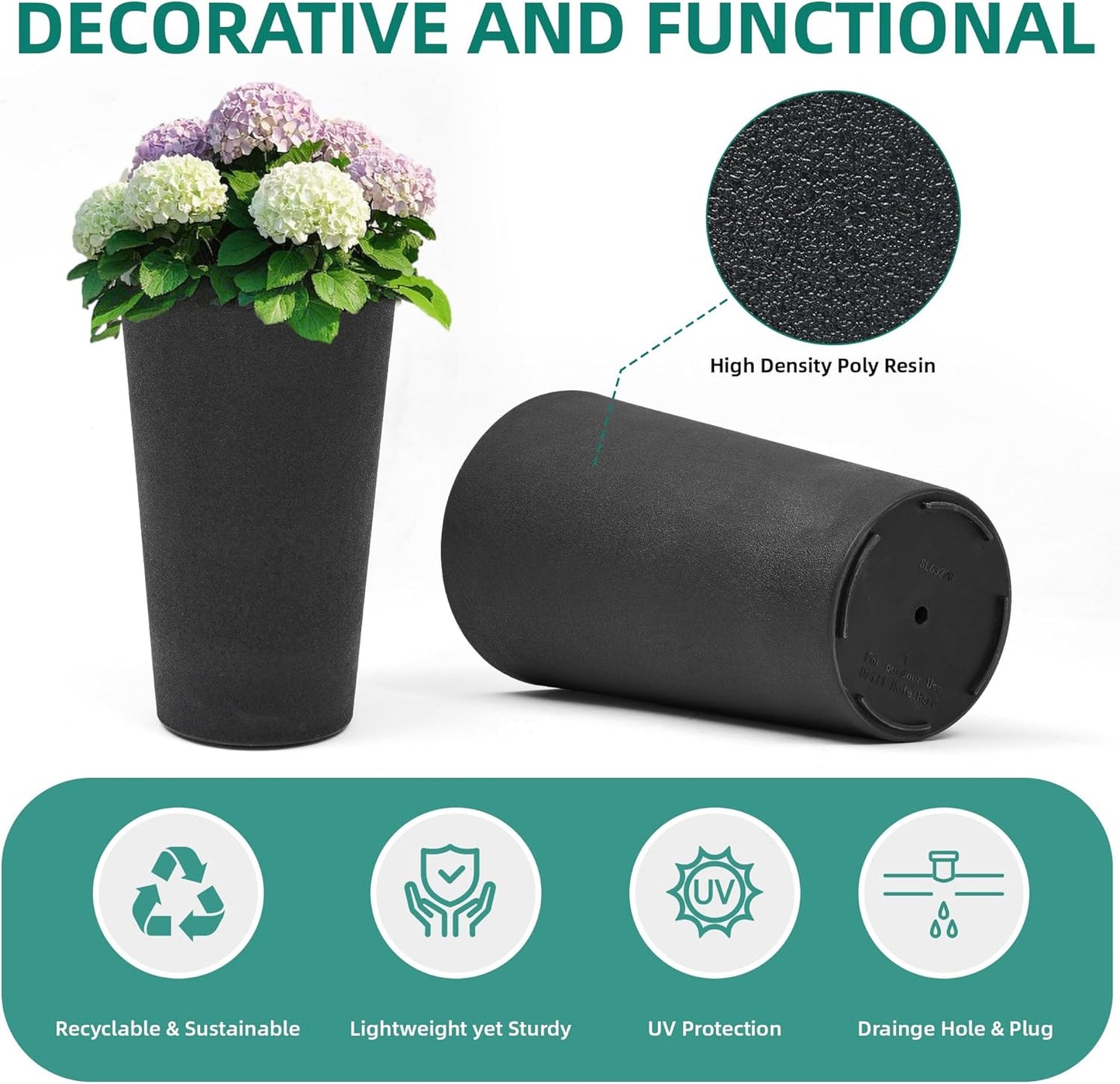 24" Planters for Outdoor/Indoor Plants, Set of 2 Tall Plant Pots, Heavy-Duty Resin Large Vase for Faux Mums Flower, Ideal for Garden, Patio, Yard, Porch or Home Decor, PU Leather-Look Finish