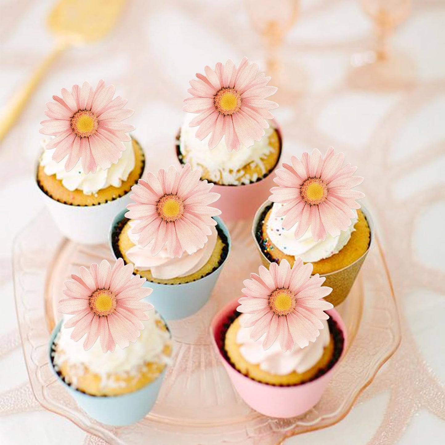 60 PCS Edible Daisy Cupcake Toppers Wafer Paper Daisy Cupcake Picks Edible Sunflower Birthday Party Decorations for Baby Shower Wedding Engagement Birthday Party Cake Food Decorations Supplies Pink