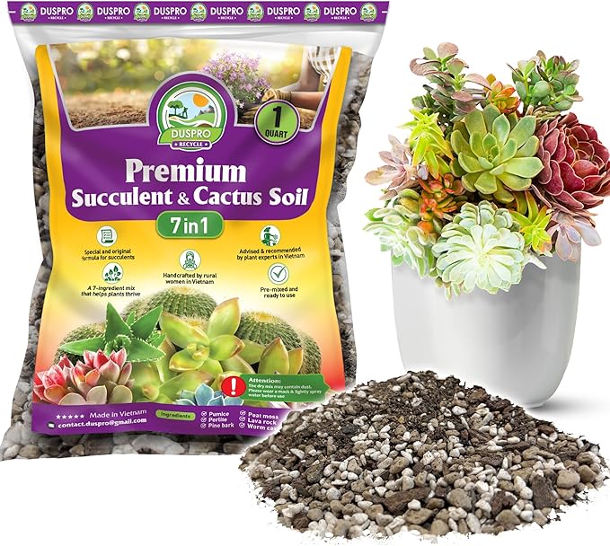 DUSPRO Succulents Soil Potting Mix – 7 in 1 Ingredients Well-Draining, Nutrient-Rich Cactus Potting Soil for Succulents and Cacti, Indoor & Outdoor Use, Ready to Use, Supports Healthy Root Growth, 1QT
