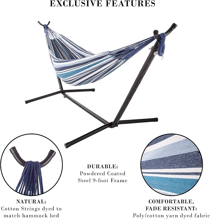 Pure Garden Double Brazilian Hammock with Stand– Woven Cotton, 2-Person, Outdoor Swing with Frame for Camping, Backyard or Patio (Blue Stripes)