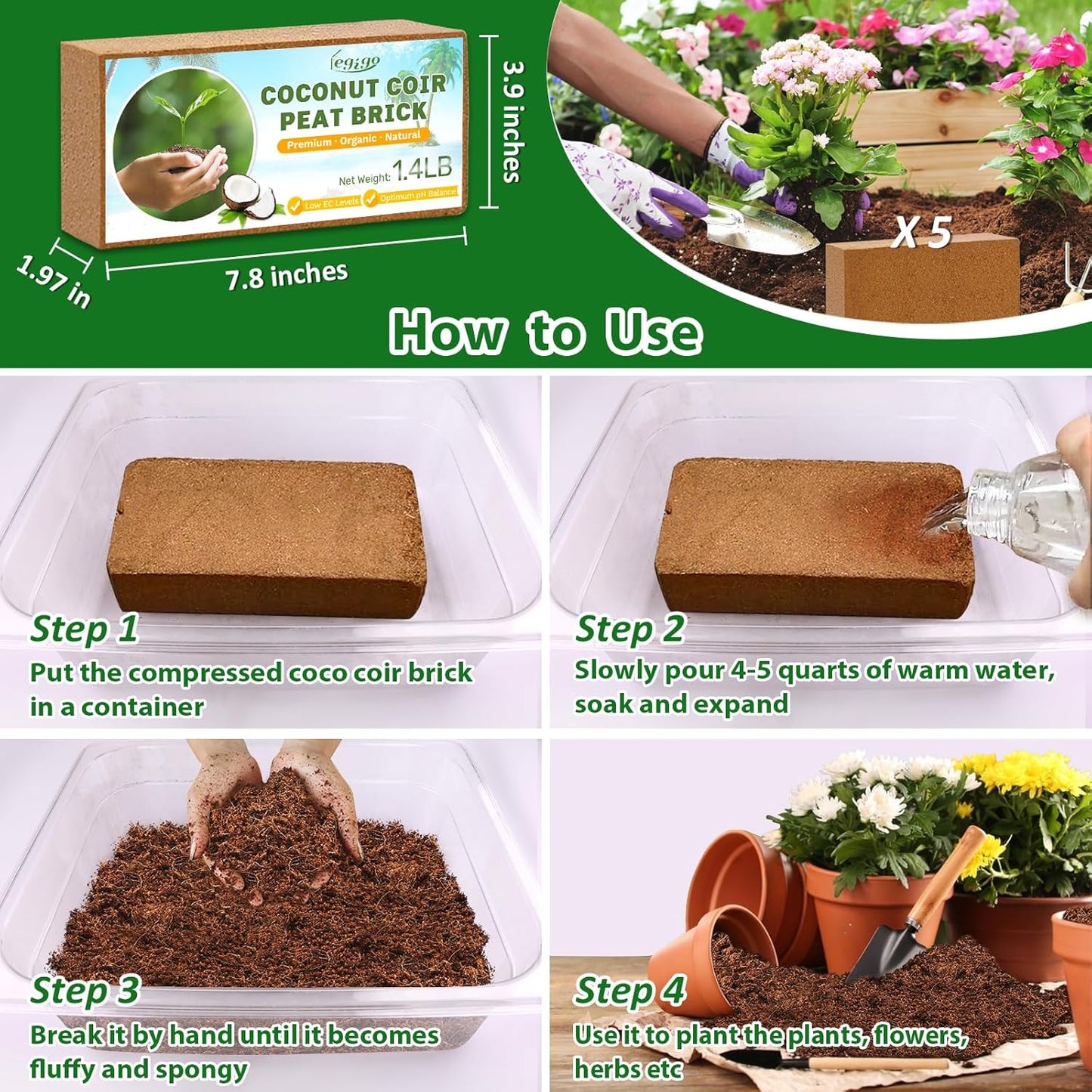 Legigo Pack of 5 Organic Coco Coir Bricks- 100% Natural Compressed Coco Peat Brick Coconut Fiber Substrate with Low EC& pH Balance, Coir Plant Soil Enhance Root Growth for Herbs, Flowers, House Plants
