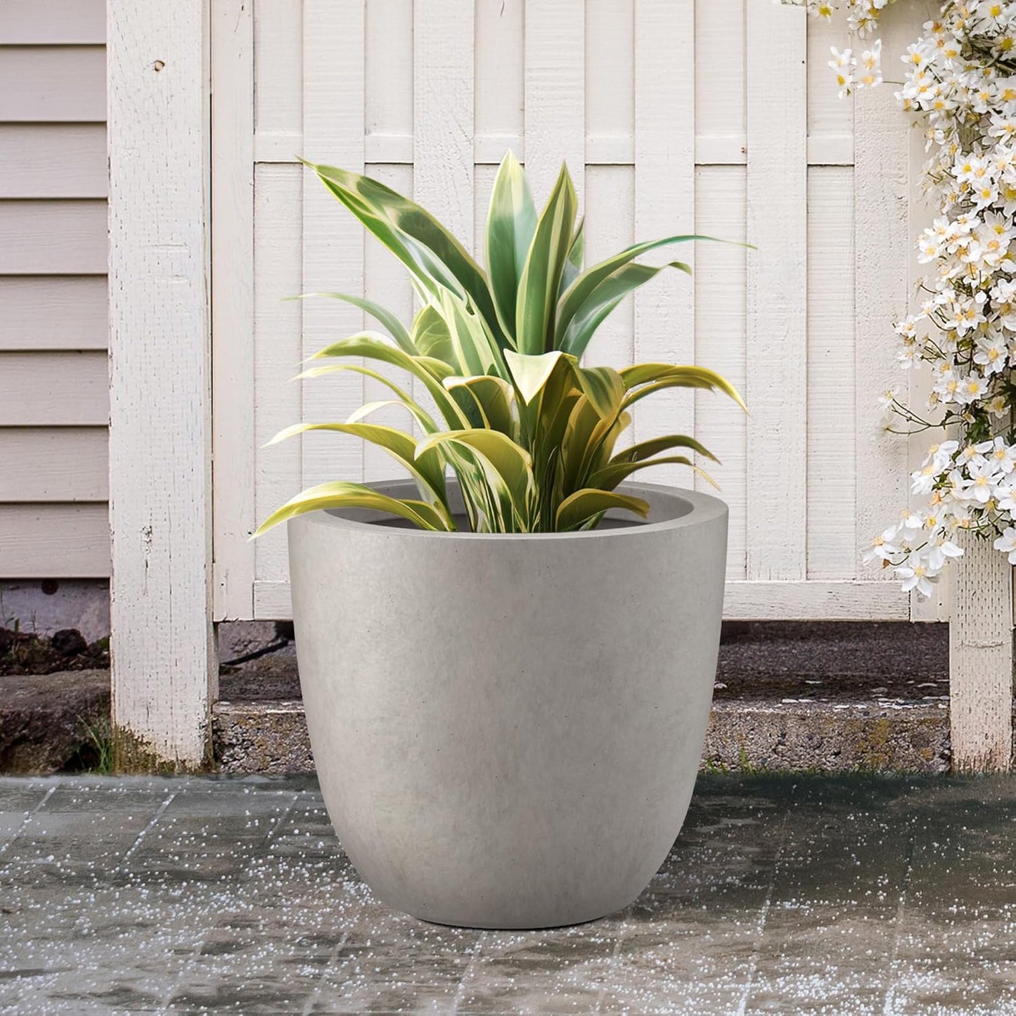 Kante 14 Inch Dia Round Concrete Planter, Indoor Outdoor Large Plant Pot with Drainage Hole and Rubber Plug for Home Patio Garden, Weathered Concrete