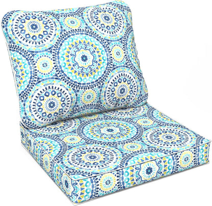 LVTXIII Outdoor Deep Seat Cushion Patio Seat and Back Cushion Set Seasonal Chair Cushion with Removable Cover and Adjustable Buckle for Home and Garden, 24"x24"x4", Delancey Lagoon