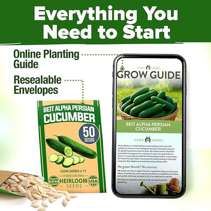 HOME GROWN 𝗨𝗦𝗔 𝗣𝗥𝗘𝗠𝗜𝗨𝗠 Persian Cucumber Seeds – 50+ Heirloom Non-GMO, High-Yielding Beit Alpha Variety | Fast Growing, Sweet Tender Skin, Home Vegetable Garden Seeds (Cucumis sativus)