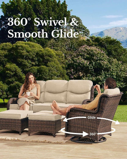 HILLGA Luxury Patio Furniture Set with 6-Inch Thick Cushions, High Back Outdoor Swivel Rocker Chairs and Patio Couch, 10-Piece All Weather Conversation Set for Porch Deck Pool Yard, Beige (V3)