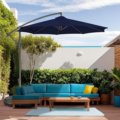 FLAME&SHADE 10ft Cantilever Patio Umbrella Outdoor, Large Offset Umbrella with Crank and Cross Base, UPF 50+ UV Protection Hanging Umbrella for Pool Deck Garden, Navy Blue