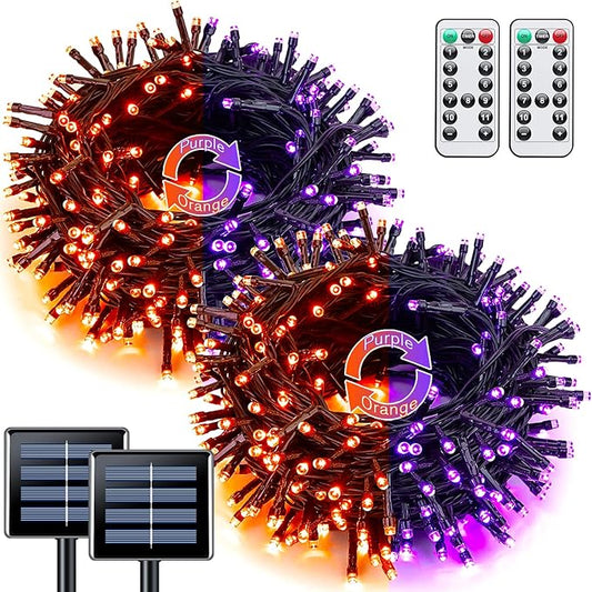 JMEXSUSS Orange and Purple Solar Halloween Lights, 2 Pack 100 Led Color Changing Christmas Lights Outdoor, 33ft 8 Modes Solar String Lights Waterproof for Halloween, Christmas, Tree Decor
