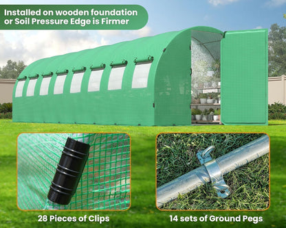 HOWE 26x10x7FT Heavy Duty Tunnel Greenhouse Kit with Watering System, Upgraded Swing Door Outdoors Greenhouse with Galvanized Steel Frame Film Clips & Ground Pegs, Green