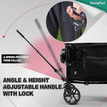SUNNYFEEL 49''L 550lbs Heavy Duty Wagon Cart Foldable with Wheels,Extra Long Fold Up Wagons Carts with Side Pocket and Brakes for Camping Sports Garden Shopping (Black)