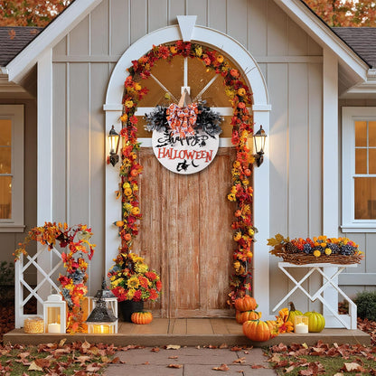 Halloween Door Hanger Sign Wooden Welcome Decor with Bat - Fall Wreaths for Front Door Hanging Decorations for Happy Halloween Party Indoor Outdoor Wall Decor Supply
