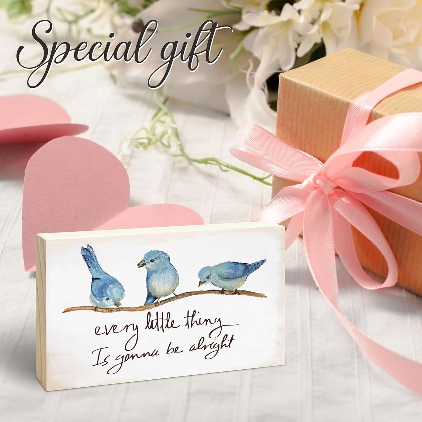 Rustic Pine Wood Block Sign - Every Little Thing Is Gonna Be Alright - Positive Wooden Plaque For Desk Top, Shelf, Living Room, Gift For Friends, Home & Office Decorations(4 X 6 Inches) - D04