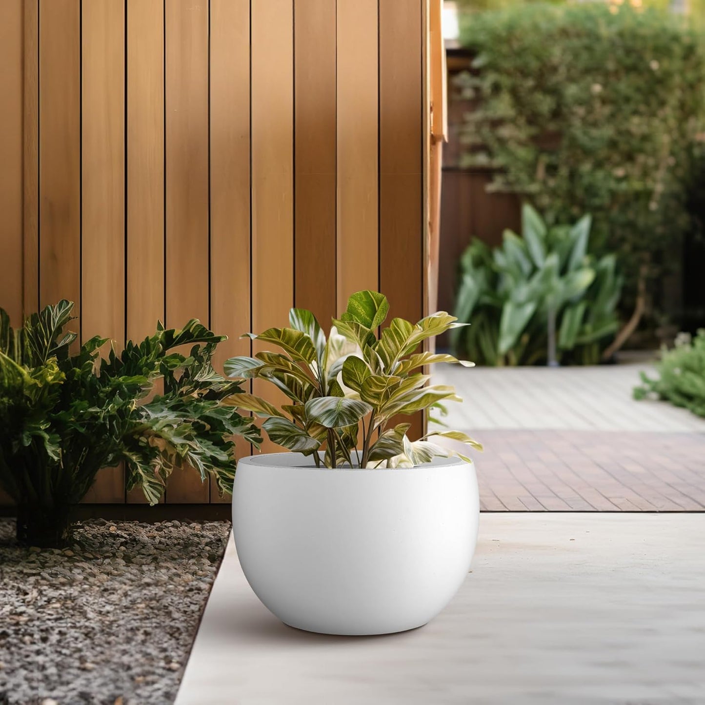 Kante 11.8" Dia Round Concrete Planter, Outdoor/Indoor Large Bowl Plant Pots with Drainage Hole and Rubber Plug for Garden Patio Balcony Home, Pure White