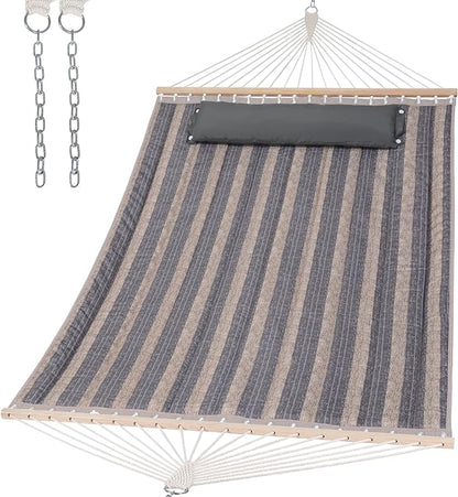 SUNCREAT Double Quilted Hammock with Hardwood Spreader Bar, Extra Large Soft Pillow, Heavy Duty 2 Person Hammock for Indoor, Outdoor, Gray Stripes