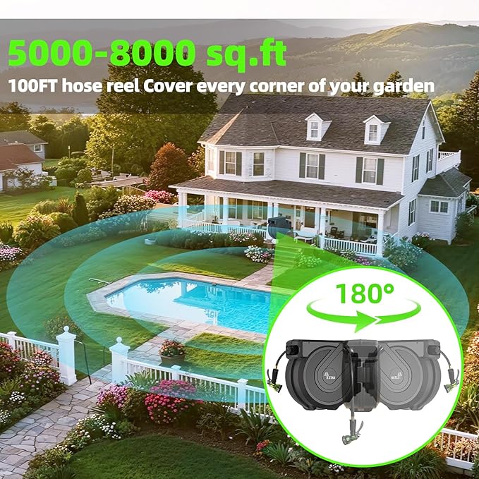 Retractable Garden Hose Reel 5/8" x100 ft, AutomaticHose Reel with 7 Pattern Nozzle, Any Length Lock Wall Mounted &180 Deg Swivel