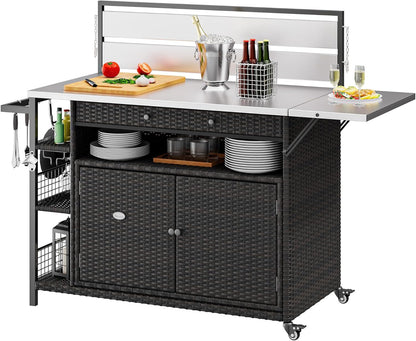 YITAHOME XL Outdoor Kitchen Island, Outdoor Bar Table & Storage Cabinet, Wheels and Stainless Steel Extended Table Top, Side Handle for Patio Kitchen or Bar Cart, Dark Brown