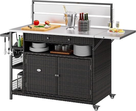 YITAHOME XL Outdoor Kitchen Island, Outdoor Bar Table & Storage Cabinet, Wheels and Stainless Steel Extended Table Top, Side Handle for Patio Kitchen or Bar Cart, Dark Brown