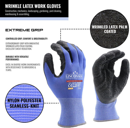 linconson 12 Pack Safety Performance Series Construction Mechanics Wrinkle Latex Work Gloves