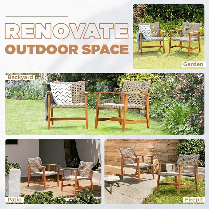 IDZO Liberte 500lbs Capacity Acacia Outdoor Club Chairs Set of 2, FSC Teak Finish Wood Upgraded Patio Furniture Sets with Upgraded 2000Hours UV Resistant Wicker