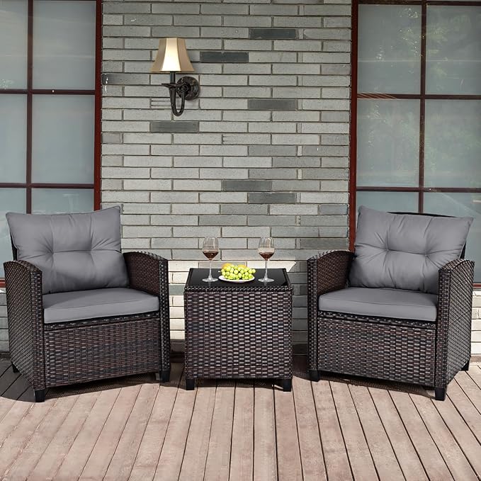 KOTEK 3 Piece Patio Furniture Set, Outdoor Conversation Set with Washable Cushions & Tempered Glass Tabletop, PE Rattan Wicker Bistro Set for Porch, Garden, Balcony (Grey)