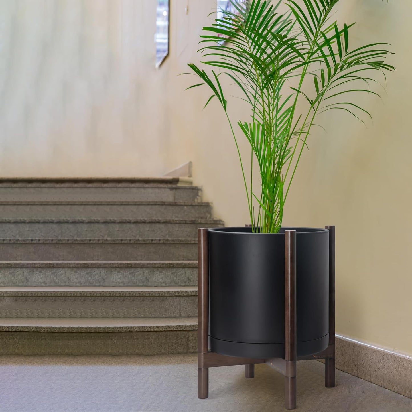 D'vine Dev Planter Pot with Stand - 16 Inch Plastic Cylinder Flower Pot with Wood Planter Holder for Indoor, Matte Black Pot + Walnut Color Stand, 55-C-X-2