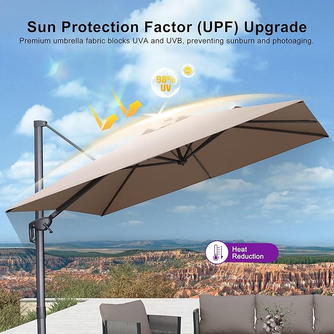 PURPLE LEAF 10' X 13' Rectangle Cantilever Umbrella with Base Outdoor Large Aluminum Patio Umbrella with 3-Year Fade Resistance Recycled Fabric and 360-degree Rotation for Deck Pool Garden, Sand Dune