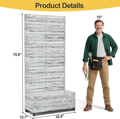 Raised Garden Bed with Trellis and Wheels,73"x35"x16" Metal Raised Garden Bed,White Wood Finish Metal Planter with Climbing Trellis for Vines & Vegetables