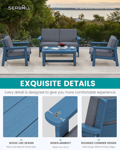 SERWALL HDPE Patio Furniture Set with 15FT Double Side Patio Umbrella, All Weather Wood-Like Outdoor Sofa Sectional Couch, Blue Patio Furniture with Grey Cushions