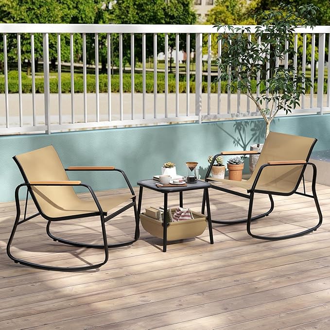 Tangkula 3 Piece Rocking Bistro Set Outdoor, Patio Rocking Chairs & Side Table with Storage Basket, Wood-Like Armrests & Metal Frame, Patio Furniture Set for Porch, Backyard, Lawn & Poolside