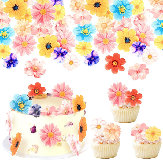 60 PCS Edible Flowers Cupcake Toppers Wafer Paper Daisy Cupcake Picks Edible Hibiscus Flower Birthday Party Decorations for Baby Shower Wedding Birthday Party Cake Food Decorations Supplies