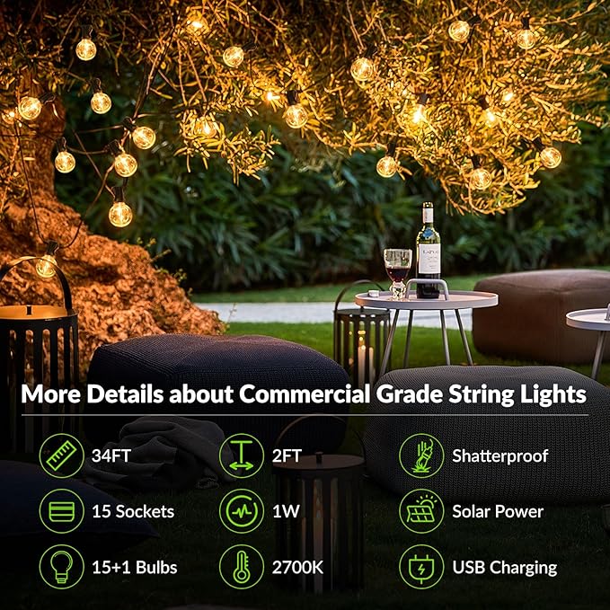 Lakumu 34FT G40 Solar String Lights, Globe Outdoor String Lights with 15 E12 Waterproof LED Bulbs, 2700K Shatterproof Patio Lights, Solar Powered Hanging Lights
