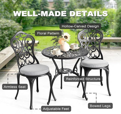 NUU GARDEN 3 Piece Outdoor Bistro Table Set, All Weather Cast Aluminum Patio Bistro Sets Patio Table and Chairs Set of 2 with Umbrella Hole for Yard, Garden, Balcony, Black