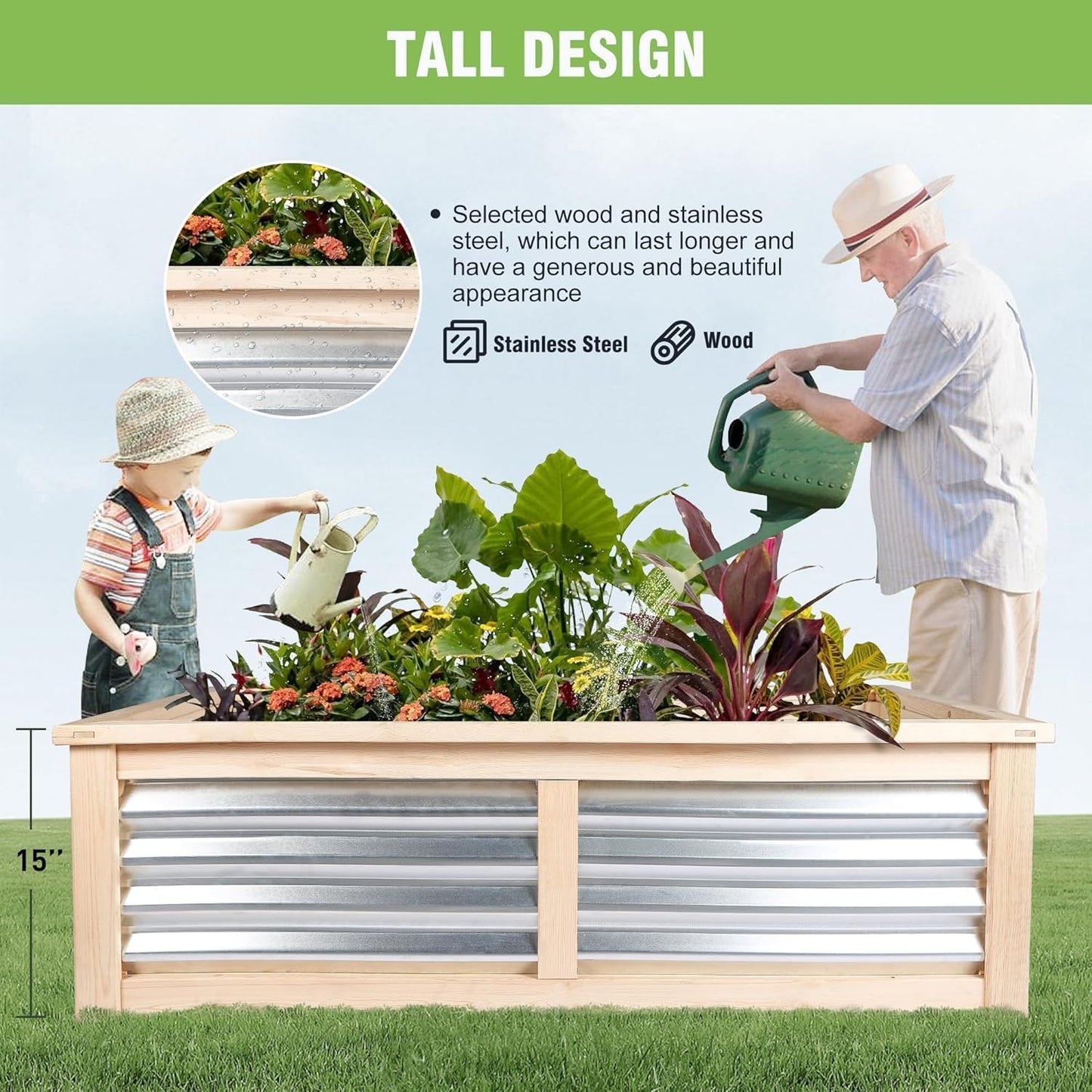 Wood Raised Garden Bed Outdoor Plant Box Planters for Outdoor 4X2X1.2 FT Plants with Galvanized Metal for Herbs Vegetables Flowers Great Patio Deck Balcony