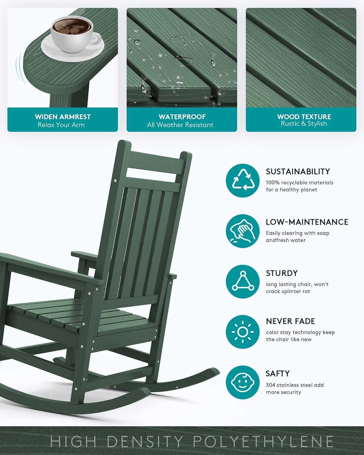 SERWALL Outdoor Rocking Chair Set of 2, HDPE Rocking Chairs for Adult, All Weather Porch Rockers for Lawn Garden, Green