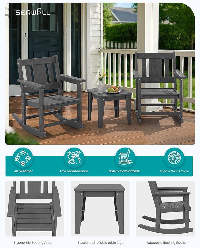 SERWALL Outdoor Rocking Bistro Set, HDPE Patio Furniture Set, Porch Rocking Chair Set with Table for Backyard, Balcony, and Garden- Grey