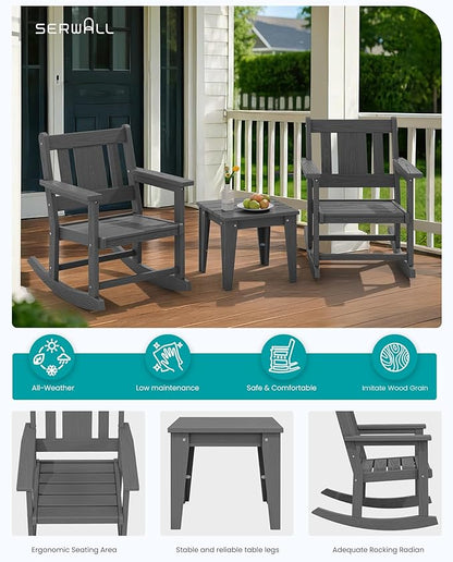 SERWALL Outdoor Rocking Bistro Set, HDPE Patio Furniture Set, Porch Rocking Chair Set with Table for Backyard, Balcony, and Garden- Grey