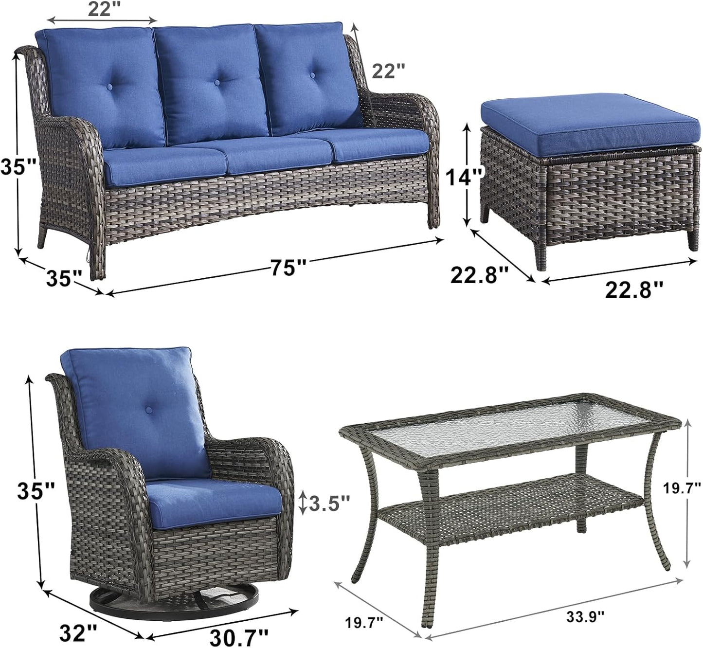 Outdoor Wicker Patio Furniture Set - 6 Piece Rattan Patio Conversation Set with 2 Rocking Swivel Chairs,2 Ottomans,1 Sofa and 1 Coffee Table for Porch Deck Backyard Garden(Mixed Grey/Blue)