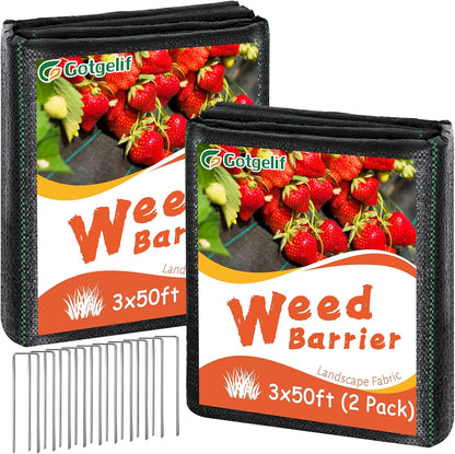3ft x 100ft Weed Barrier Landscape Fabric, 3.2oz Heavy Duty Woven Geotextile with 20 U-Shaped Pegs & Pre-Printed Cutting Lines, Ground Cover Colth Garden Bed Liner for Landscape, Driveway, Greenhouse