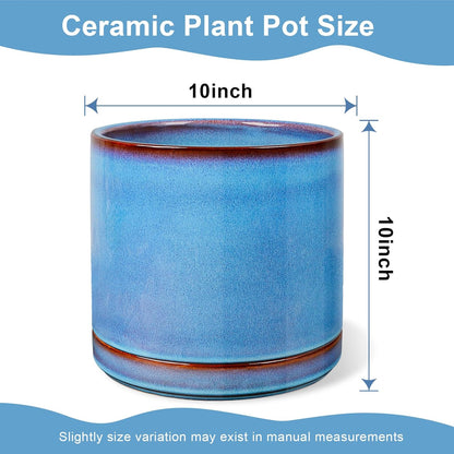 EFISPSS 10 Inch Plant Pot, Ceramic Large Planter for Outdoor Plants, Plant Pots with Drainage Hole and Saucers, Modern Flower Pot for Home Garden Patio Office - Blue